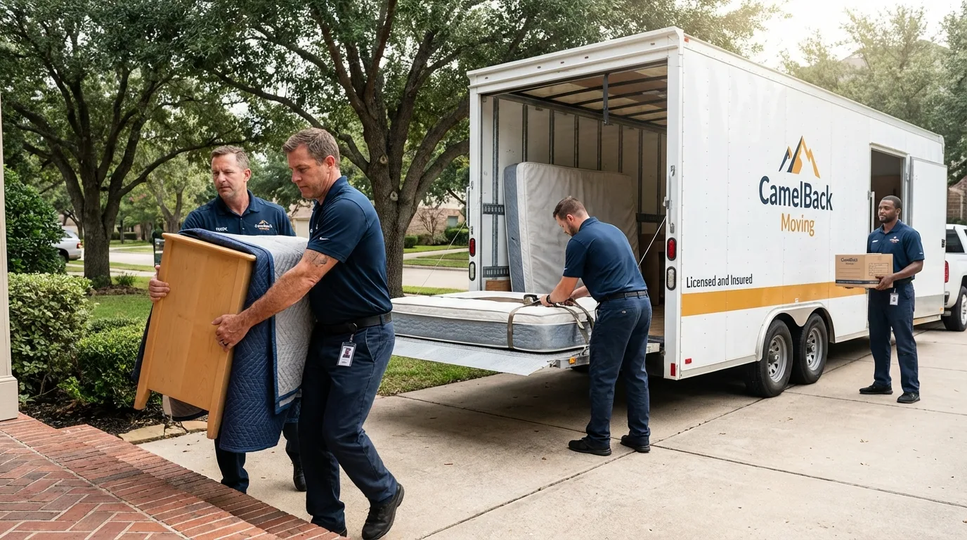 Crew loading residential truck for cross-state move from Upton, WY