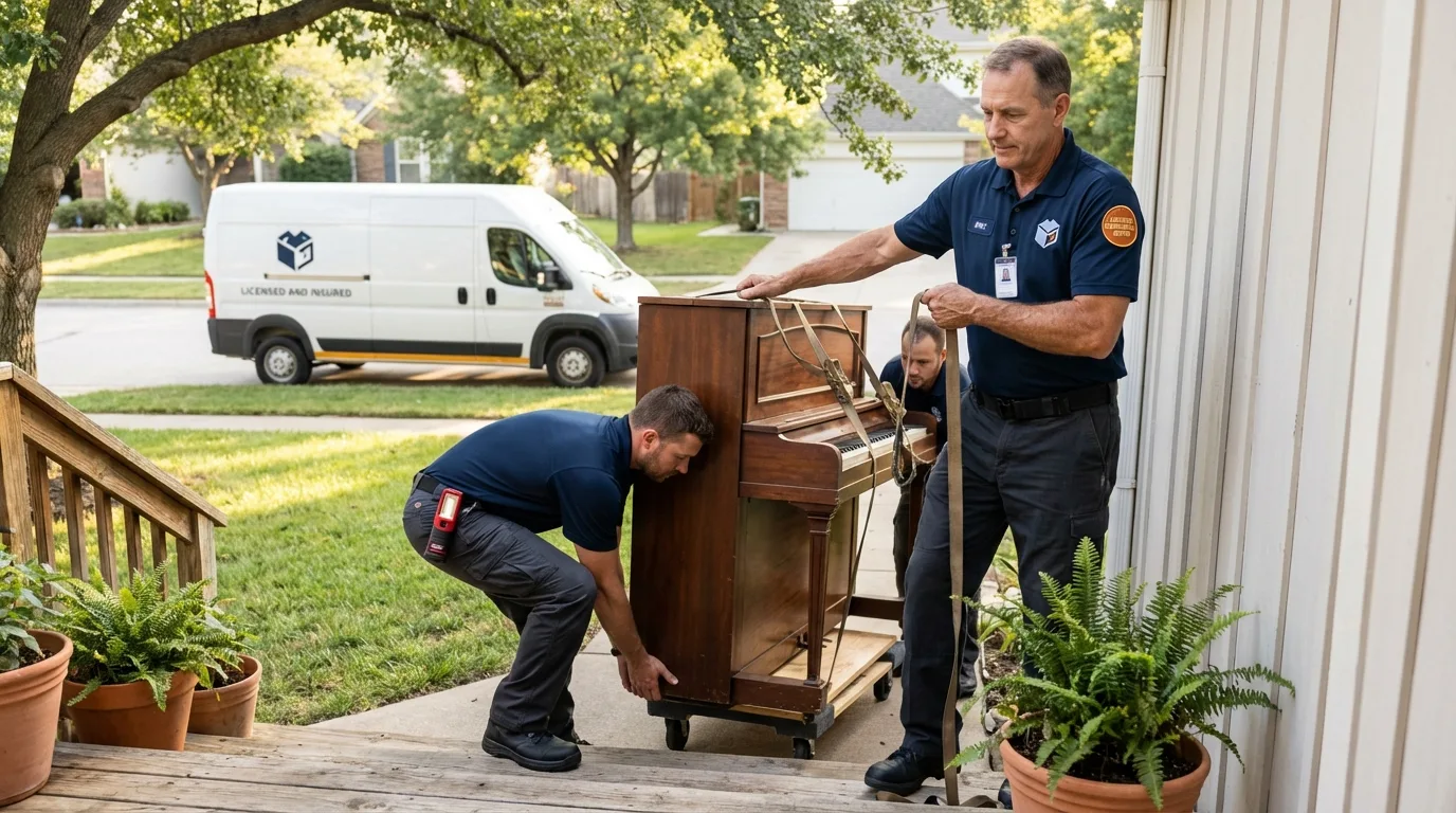 Licensed piano movers securing grand piano in Upton, WY